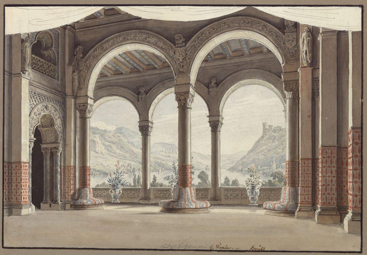 Agnes von Hohenstaufen. Ópera de Gaspare Spontini. Esboço para o segundo cenário. Salão aberto de Karl Friedrich Schinkel
