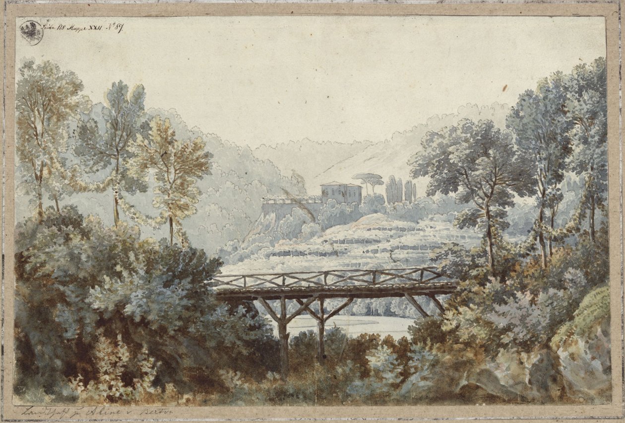 Aline, rainha de Golkonda. Ópera de Henri-Montan Berton. Projecto para a 2.ª decoração. Paisagem com rio e ponte de Karl Friedrich Schinkel