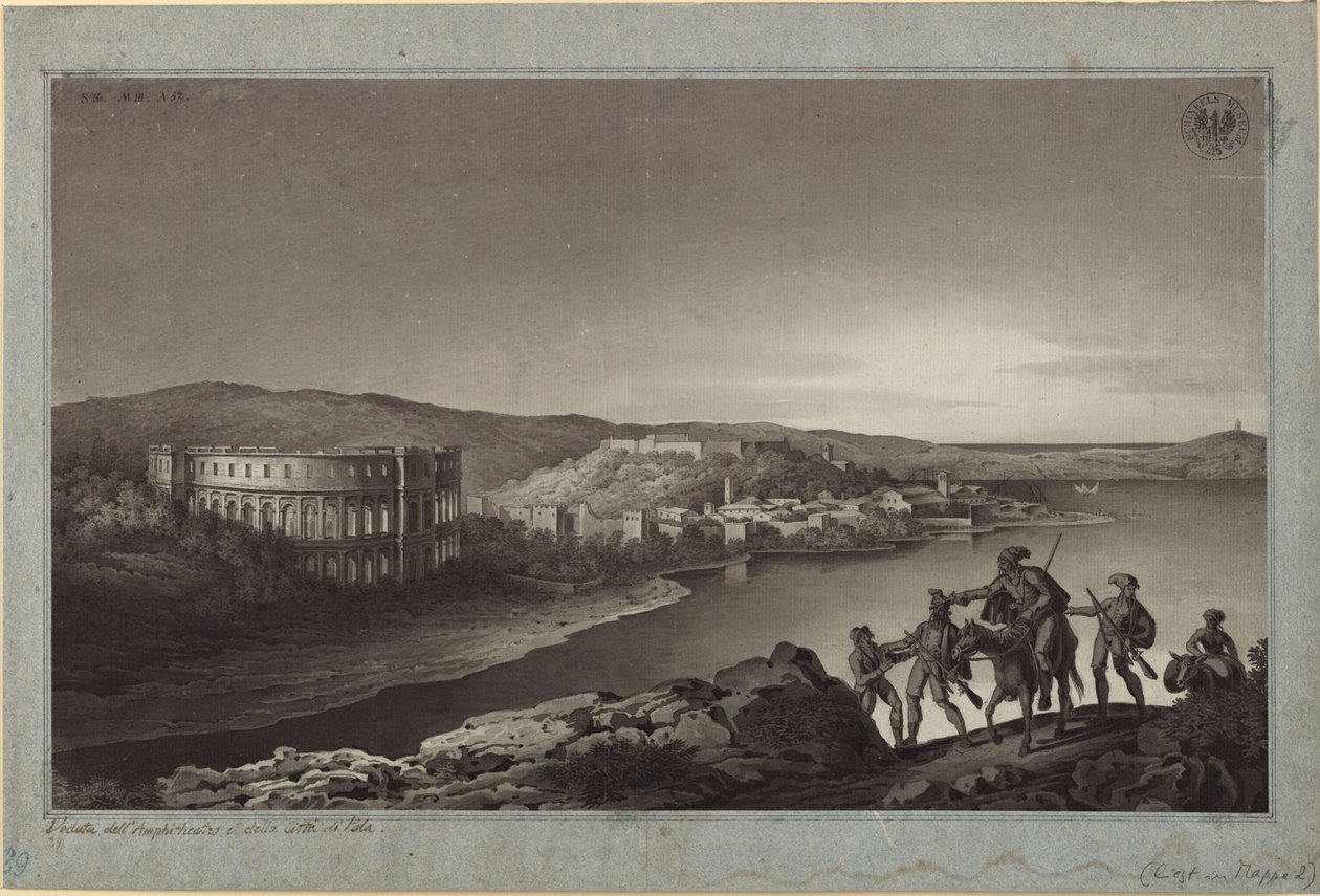Vista do anfiteatro e da cidade de Pola, na Ístria de Karl Friedrich Schinkel