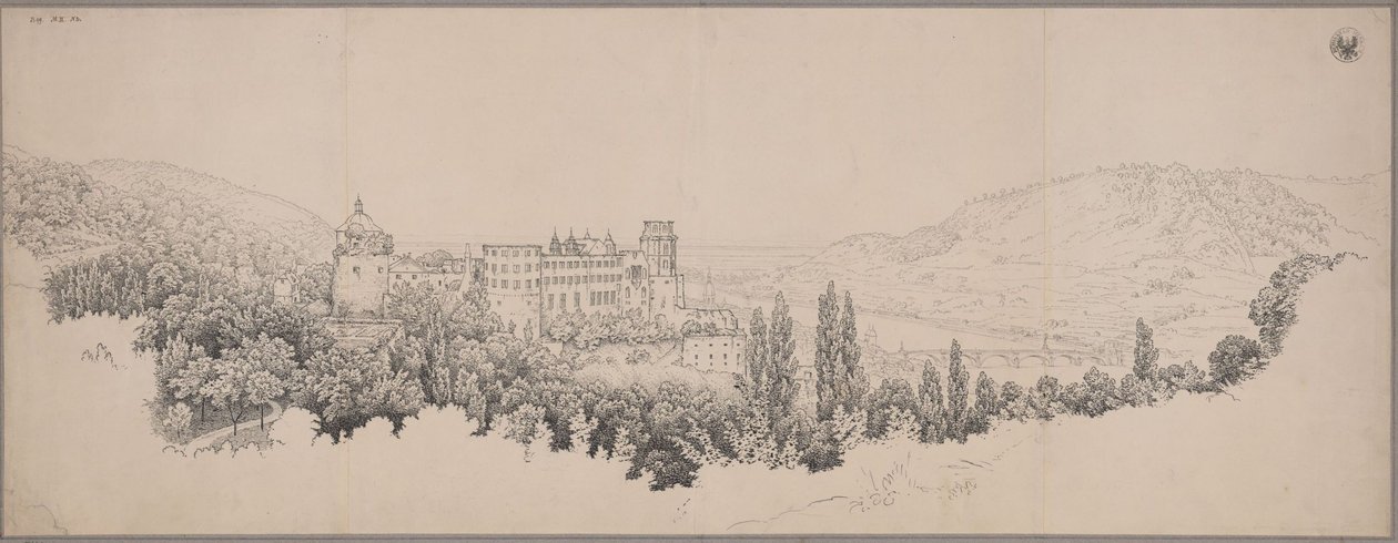 Vista do Castelo de Heidelberg com a ponte sobre o Neckar e o vale do Neckar de Karl Friedrich Schinkel
