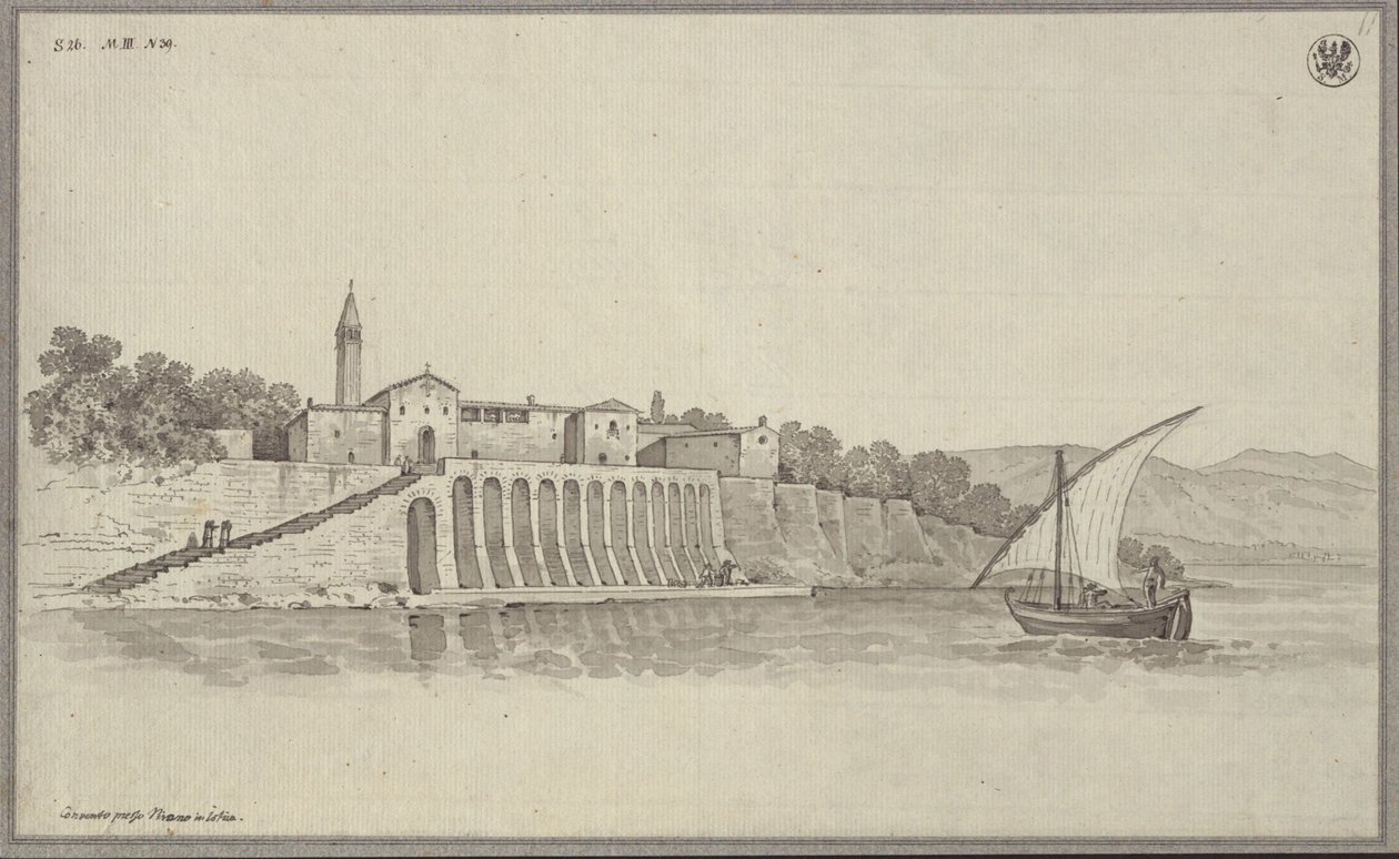 Vista do antigo convento franciscano de São Bernardino, situado entre Portorož e Piran, na Ístria, Eslovénia de Karl Friedrich Schinkel