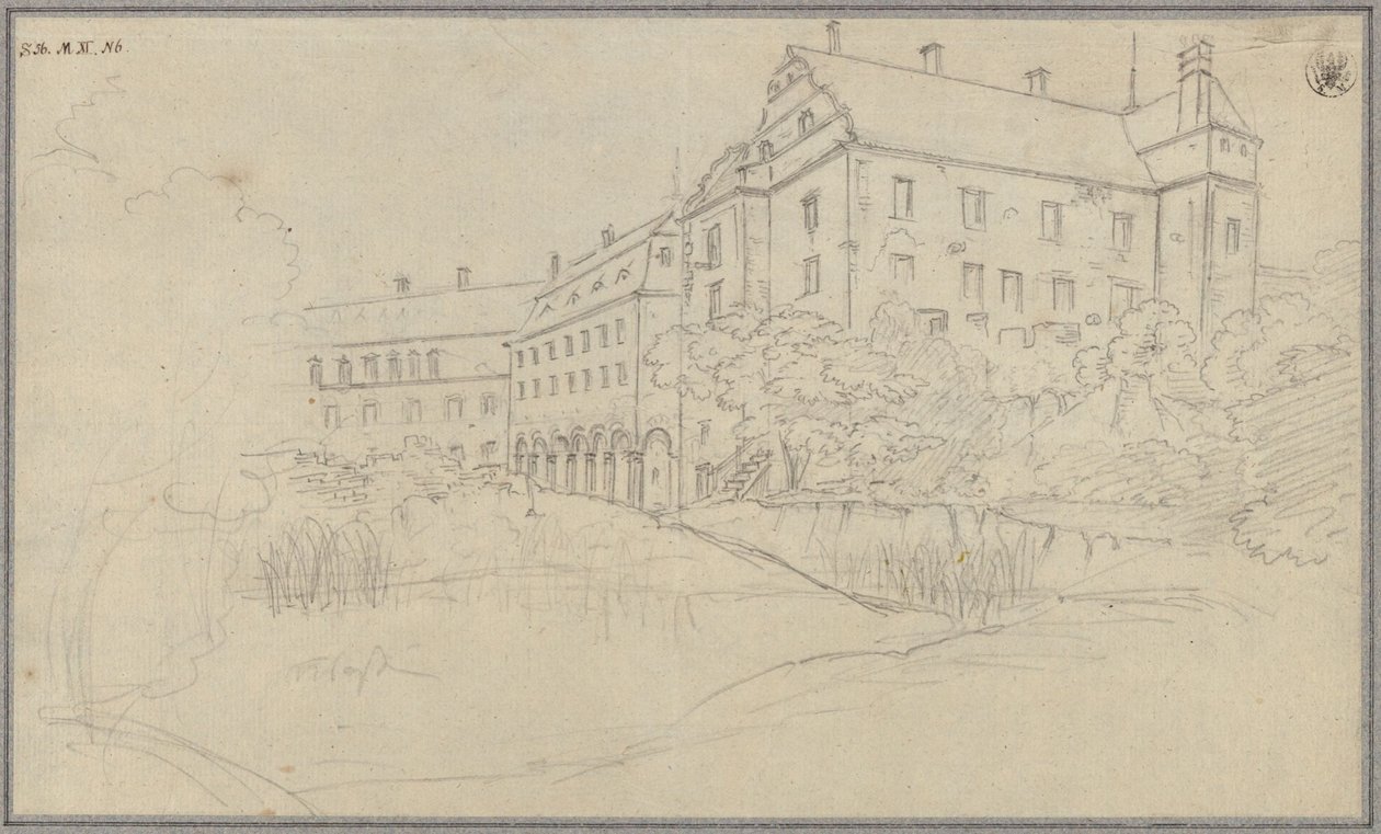 Vista de um castelo com frontões renascentistas na Silésia ou na Boémia de Karl Friedrich Schinkel