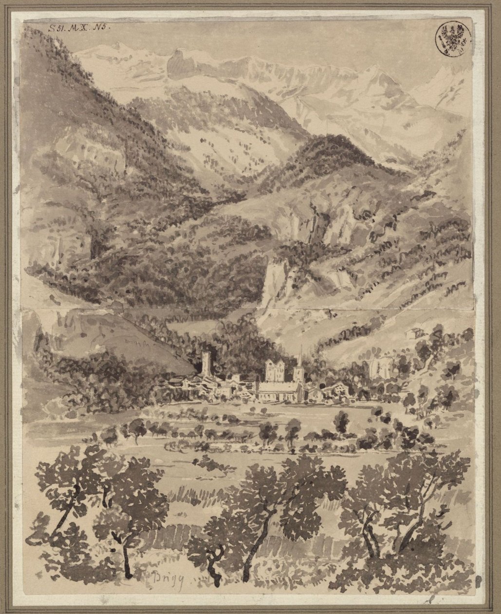 Vista de Brig e dos seus arredores no cantão suíço do Valais de Karl Friedrich Schinkel
