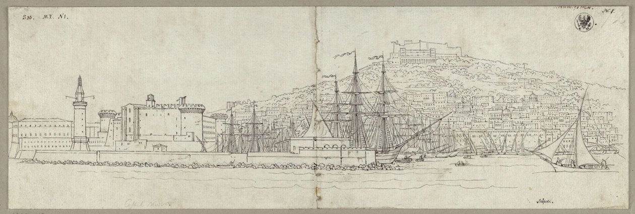 Vista de Nápoles com o porto, o Castel Nuovo, o farol e o Castel Sant