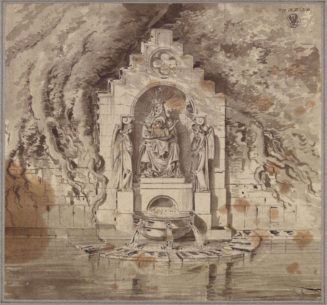 Moldura arquitetónica de uma fonte com uma estátua da Virgem Maria e duas estátuas de anjos de Karl Friedrich Schinkel