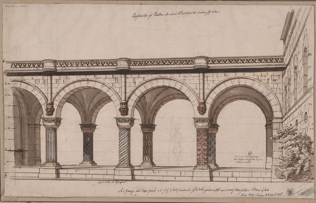 Ariodant. Ópera de Étienne Nicolas Méhul. Projecto para o 1.º cenário. Passagem com arcadas / Uma galeria de Karl Friedrich Schinkel