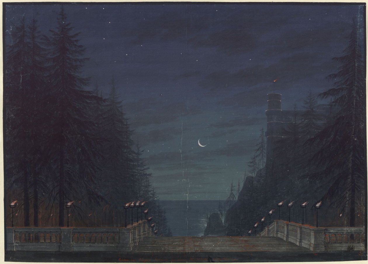 Ariodan. Ópera de Étienne Nicolas Méhul. Esboço da 2.ª cenografia. Jardim junto ao palácio de Edgar de Karl Friedrich Schinkel