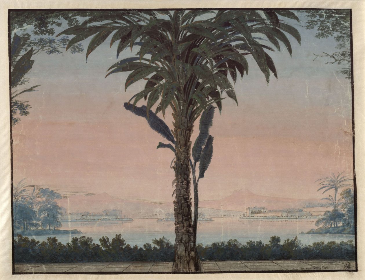 Athalia. Ópera de Johann Nepomuk von Poissl. Esboço da 4.ª cenografia. Jardim do Sumo Sacerdote com uma grande palmeira em frente a um espelho de água de Karl Friedrich Schinkel