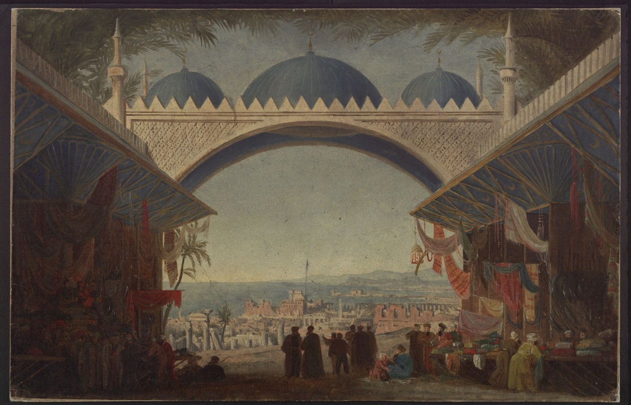 Aucassin e Nicolette. Ópera de Georg Abraham Schneider. Esboço para o 5.º cenário. Bazar em Tunes de Karl Friedrich Schinkel