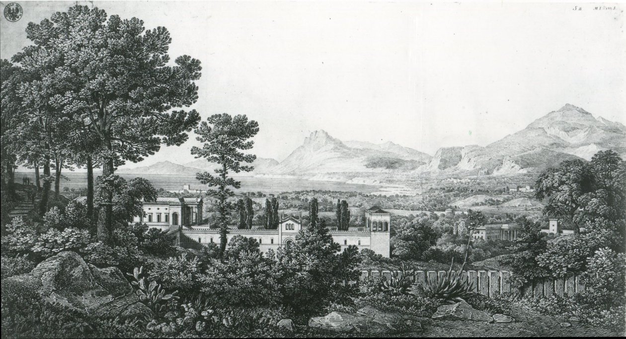 «Vista do palácio do príncipe Valguarnera sobre uma parte de Bagheria junto a Palermo e o golfo de Cefalù» de Karl Friedrich Schinkel