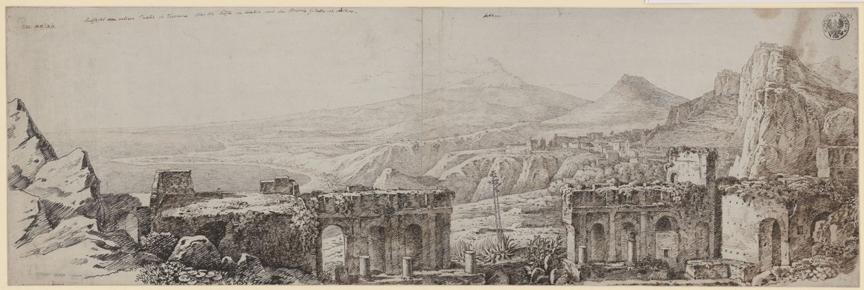 «Vista do teatro antigo de Taormina sobre a costa de Catânia e o Monte Gibello ou Etna» de Karl Friedrich Schinkel