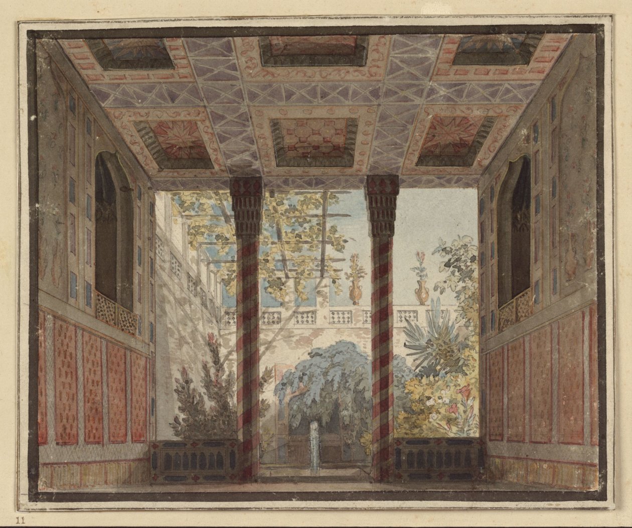 Axur, rei de Ormus. Ópera de Antonio Salieri. Projecto para a 6.ª decoração. Sala de jardim de Astasia de Karl Friedrich Schinkel