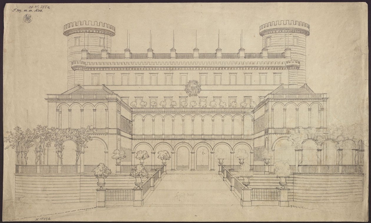 Bad Muskau. Palácio. Primeira proposta de remodelação. Alçado da fachada sul de Karl Friedrich Schinkel