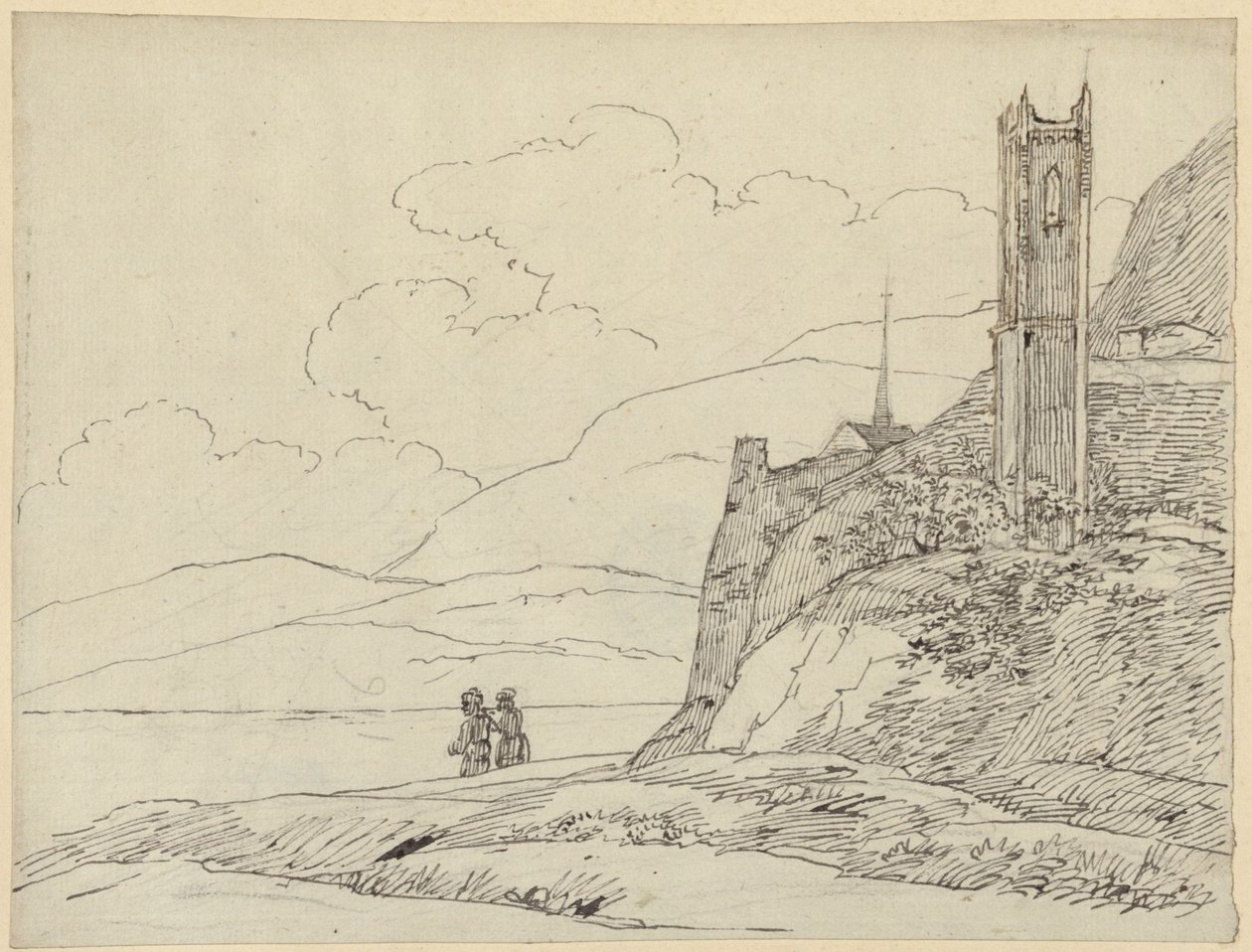 Paisagem montanhosa com ruínas de torre e figuras de Karl Friedrich Schinkel