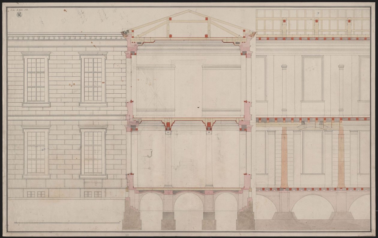 Berlim. Edifício da Academia Unter den Linden. Alçado parcial da fachada, pormenor de corte longitudinal parcial e corte transversal de Karl Friedrich Schinkel