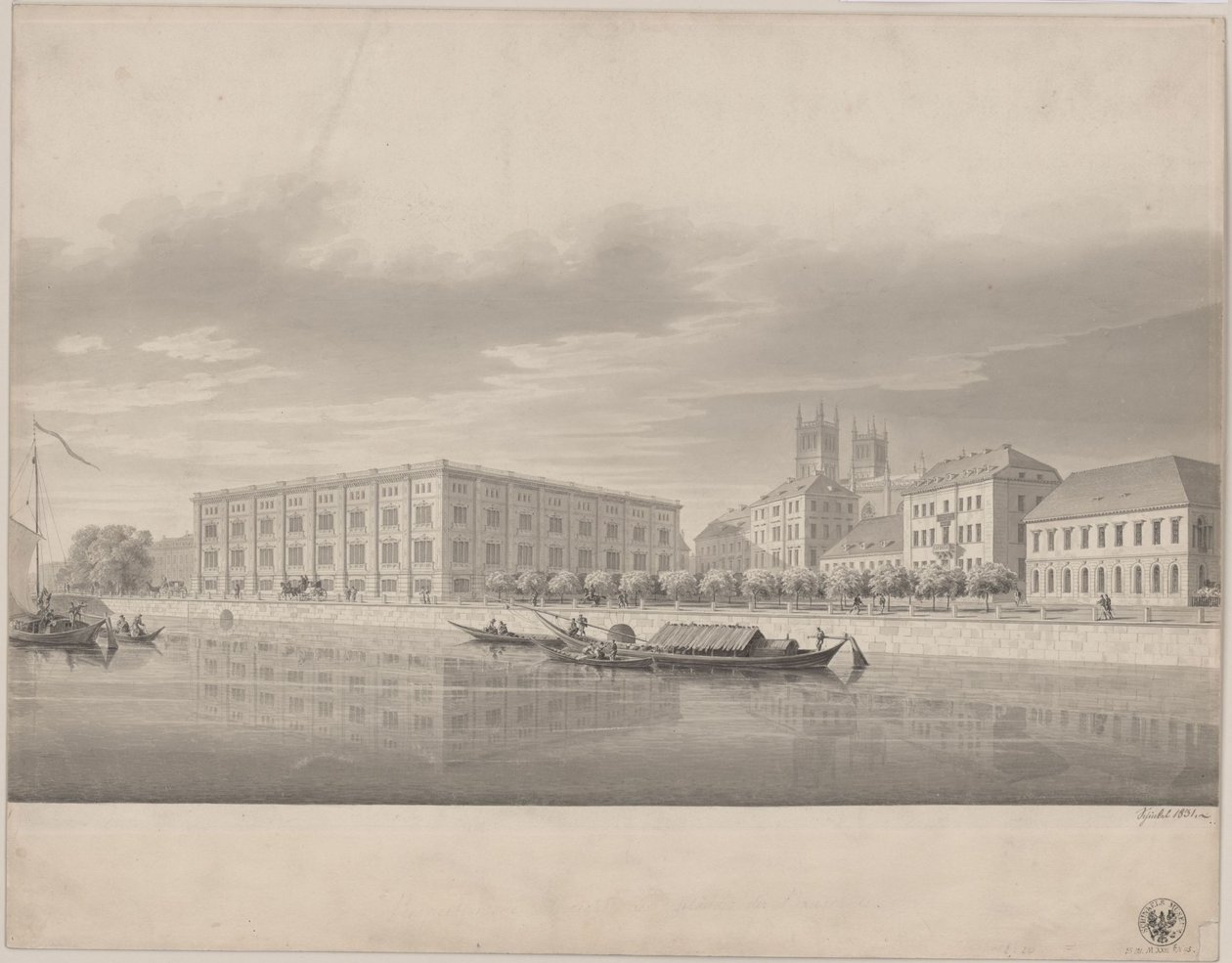 Berlim. Academia de Arquitectura. Vista em perspectiva a partir da Ponte do Palácio de Karl Friedrich Schinkel