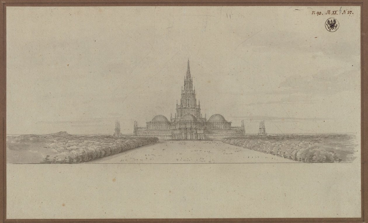 Berlim. Projecto para uma catedral como monumento às guerras de libertação (Catedral da Libertação), com torre de cruzeiro e cúpulas sobre os braços do transepto de Karl Friedrich Schinkel