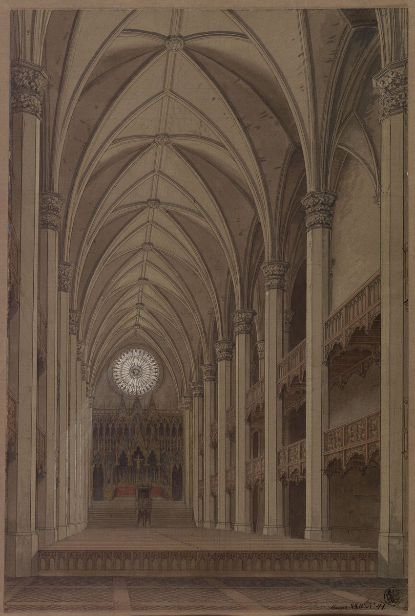 Berlim. Igreja de São Pedro. Projeto de reconstrução em estilo gótico. Vista interior com vista para o altar de Karl Friedrich Schinkel
