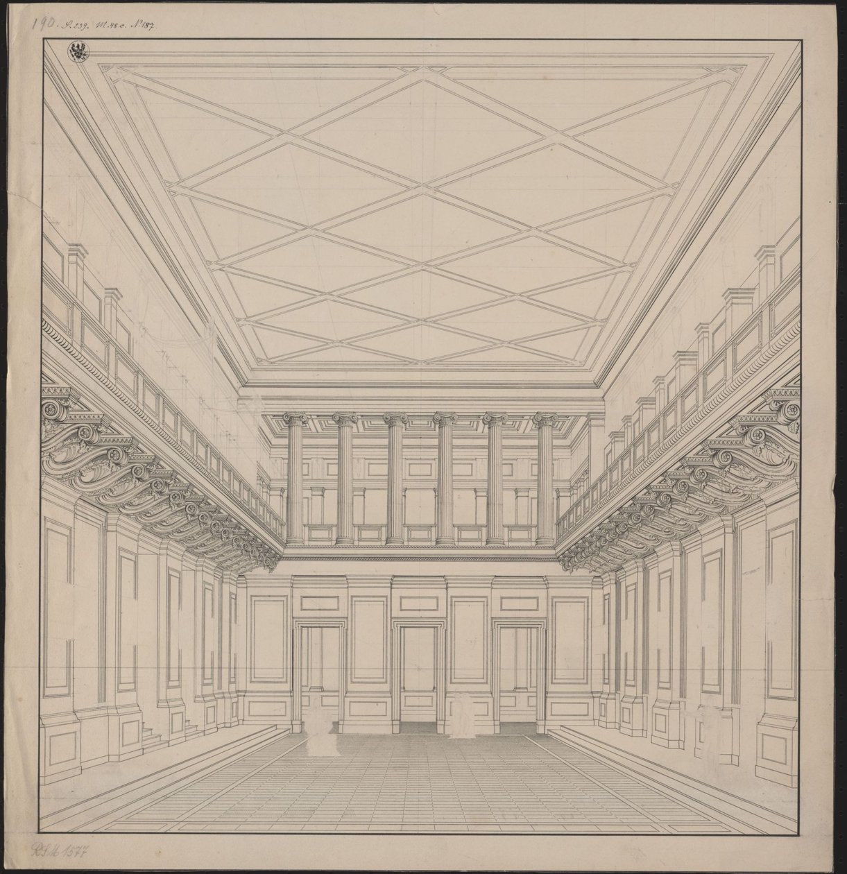 Berlim. Schauspielhaus no Gendarmenmarkt, sala de concertos. Vista de Karl Friedrich Schinkel