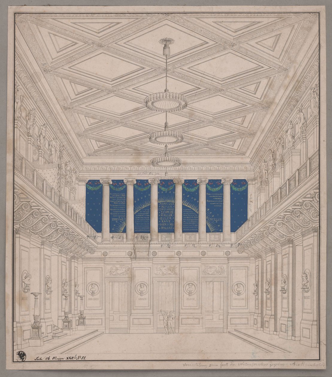 Berlim. Teatro de Arte no Gendarmenmarkt, sala de concertos.  Decoração para a Festa dos Naturalistas de Karl Friedrich Schinkel
