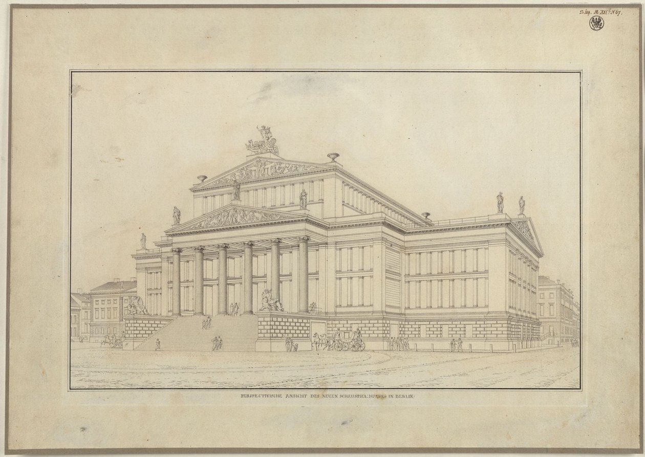 Berlim. Teatro no Gendarmenmarkt. Vista em perspetiva da fachada de Karl Friedrich Schinkel