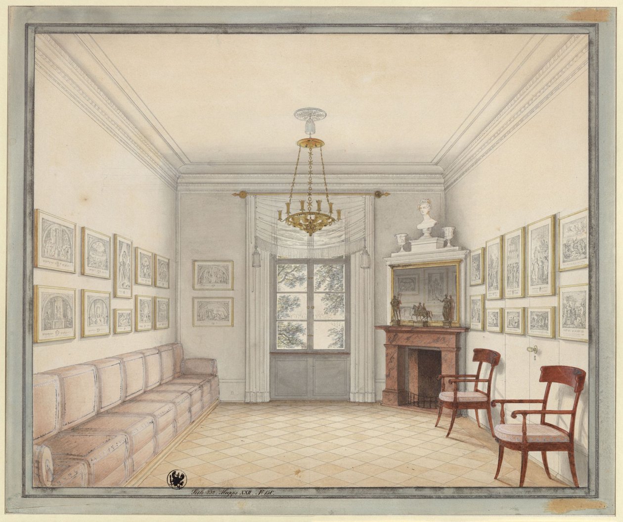 Berlim. Palácio de Charlottenburg, parque do palácio, Pavilhão Novo (Pavilhão Schinkel). Vista da Sala Branca como modelo para a conceção das salas do piso superior de Karl Friedrich Schinkel