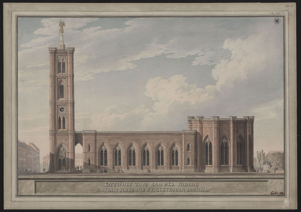 Berlim, Spittelmarkt. Projecto para a Igreja de Santa Gertrudes. Vista exterior de Karl Friedrich Schinkel