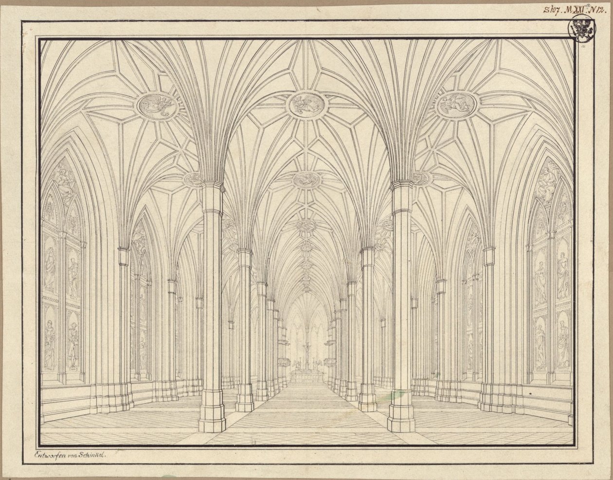 Berlim, Spittelmarkt. Projecto para a igreja de Santa Gertrudes. Vista interior, através da nave em direcção ao coro de Karl Friedrich Schinkel