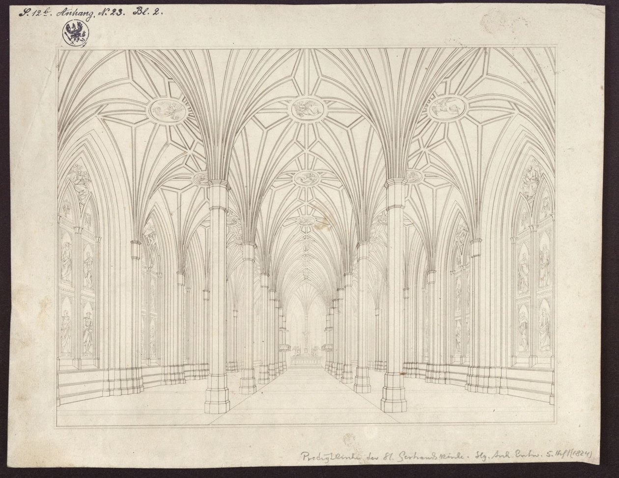 Berlim, Spittelmarkt. Projecto para a igreja de Santa Gertrudes. Vista interior, olhando através da nave para o coro de Karl Friedrich Schinkel