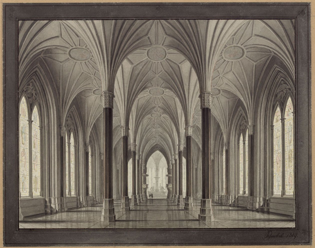 Berlim, Spittelmarkt. Projecto para a igreja de Santa Gertrudes. Vista interior, através da nave em direcção ao coro de Karl Friedrich Schinkel