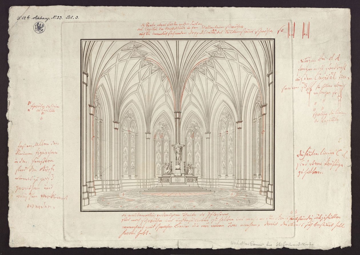 Berlim, Spittelmarkt. Projecto para a igreja de Santa Gertrudes. Vista interior do coro, com correcções de Karl Friedrich Schinkel