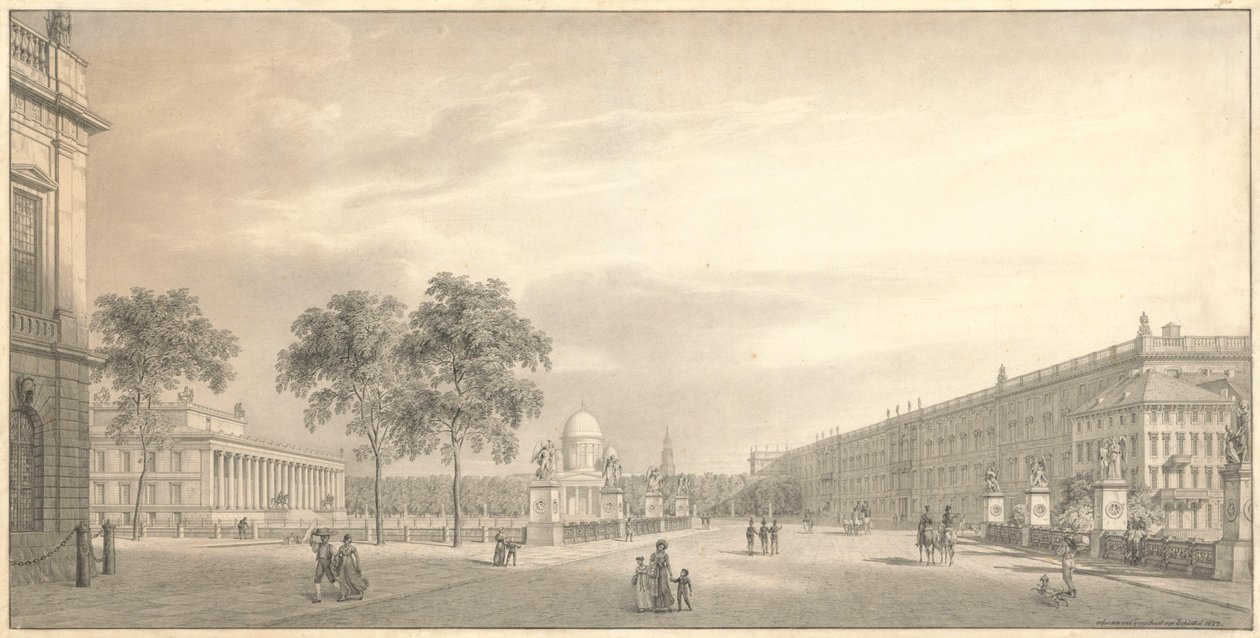 Berlim, Unter den Linden. Vista do Lustgarten com a ponte do palácio, o Altes Museum, a catedral e o palácio de Karl Friedrich Schinkel