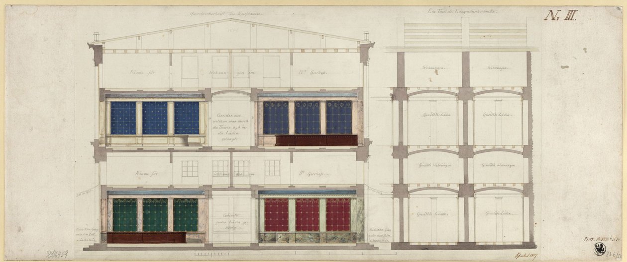 Berlim, Unter den Linden. Projeto para um centro comercial. Duas secções de Karl Friedrich Schinkel