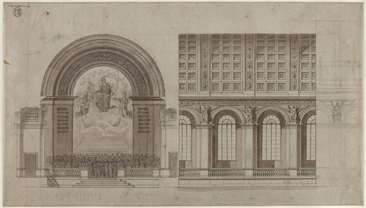 Berlim, Unter den Linden. Projecto para uma sala da Sing-Akademie na ala posterior da Academia das Artes. Corte transversal e longitudinal de Karl Friedrich Schinkel