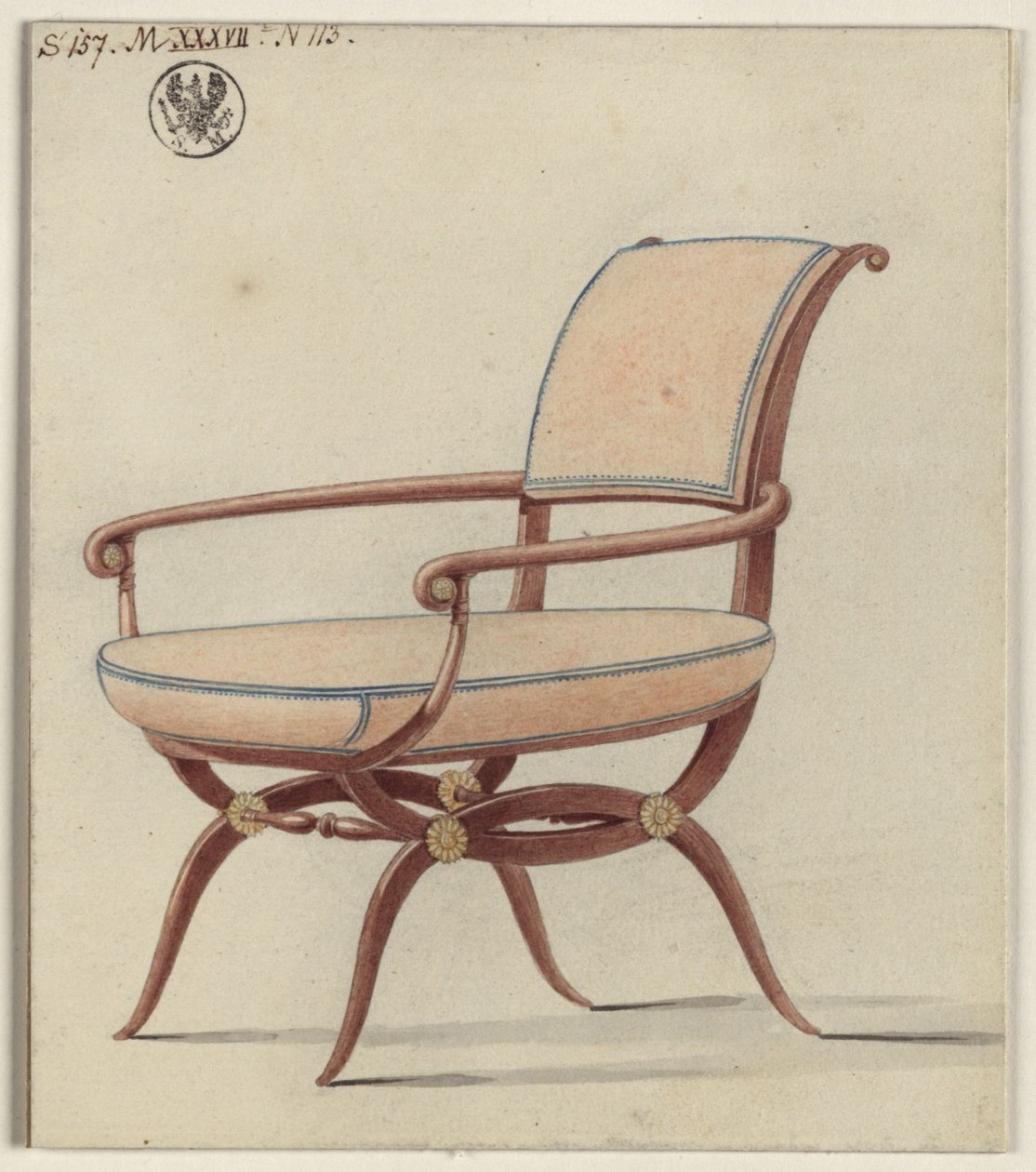 Berlim, Unter den Linden. Palácio Real, sala cor de camurça de Frederico Guilherme III. Projecto para uma poltrona de Karl Friedrich Schinkel