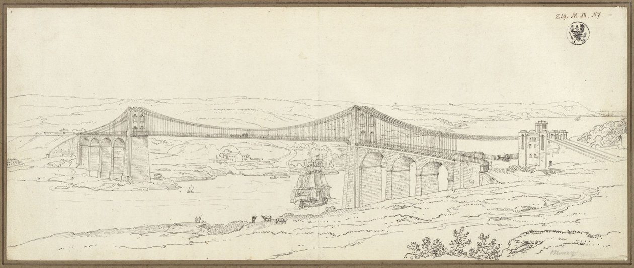 Vista da ponte suspensa sobre o estreito de Menai, perto de Bangor, no País de Gales de Karl Friedrich Schinkel