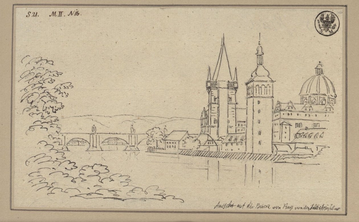 Vista da Ponte de Carlos, em Praga, com a Torre da Ponte da Cidade Velha e a cúpula da Igreja dos Cavaleiros da Cruz de Karl Friedrich Schinkel