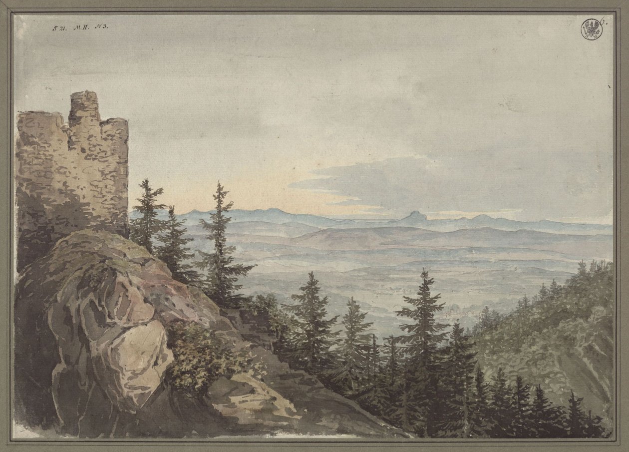Vista das ruínas de Geiersburg sobre a planície de Teplitz com o mosteiro de Maria Schein, tendo ao fundo as montanhas da Boémia de Karl Friedrich Schinkel