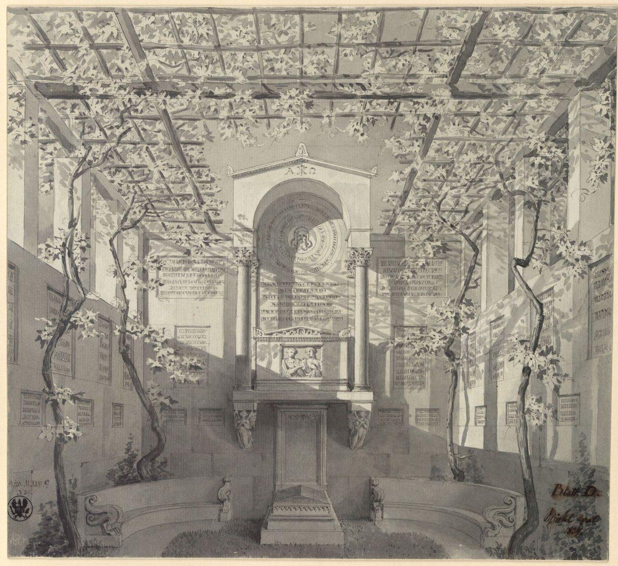 Bona. Projeto do monumento funerário de Barthold Georg Niebuhr, com pérgula de Karl Friedrich Schinkel