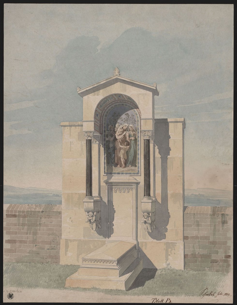 Bona. Projecto para o monumento funerário de Barthold Georg Niebuhr, com a imagem das virtudes cristãs «Fé, Amor, Esperança» de Karl Friedrich Schinkel