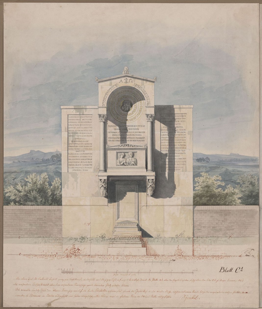 Bona. Projecto para o monumento funerário de Barthold Georg Niebuhr, com retrato em relevo do casal de Karl Friedrich Schinkel