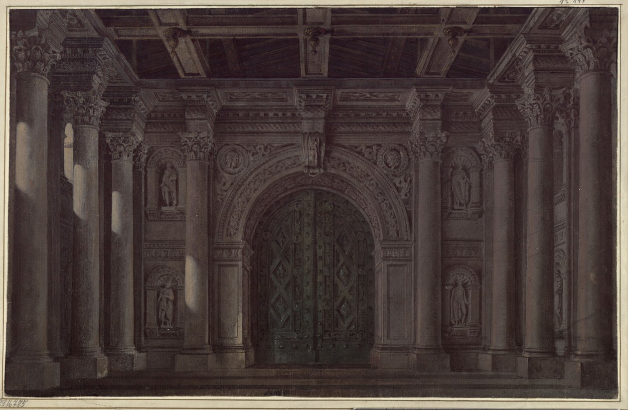 A noiva de Messina. Tragédia de Friedrich Schiller. Projecto para o 1.º e o último cenário. Salão com colunas e portal de Karl Friedrich Schinkel