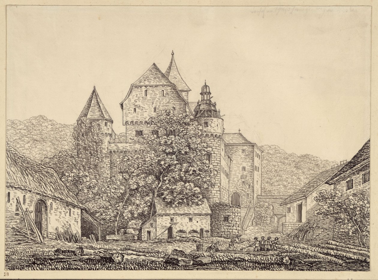 Grupo de edifícios semelhantes a um castelo numa paisagem montanhosa de Karl Friedrich Schinkel