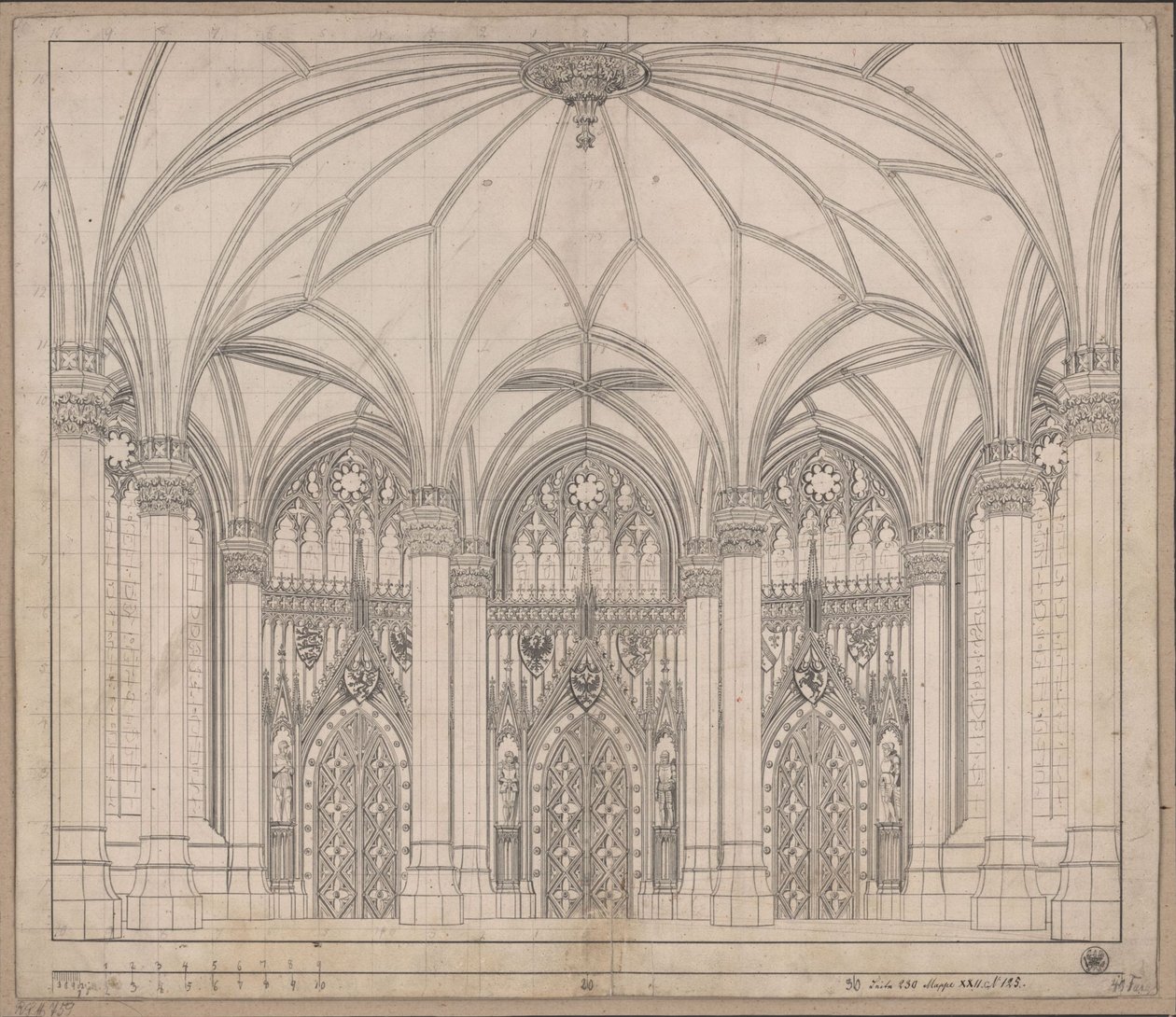 Decoração para uso geral. Sala gótica com três portas e janelas largas de Karl Friedrich Schinkel