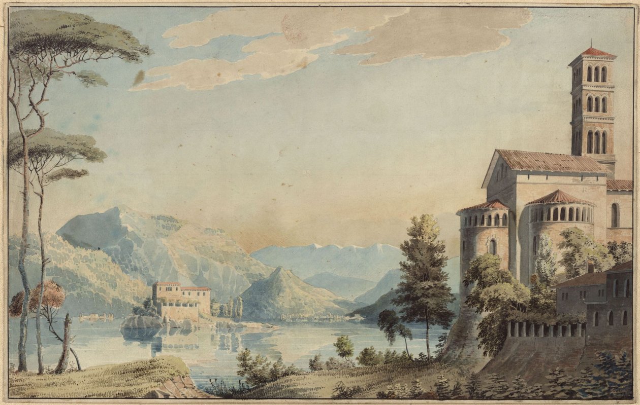 Decoração para uso geral. Paisagem com lago e igreja de Karl Friedrich Schinkel