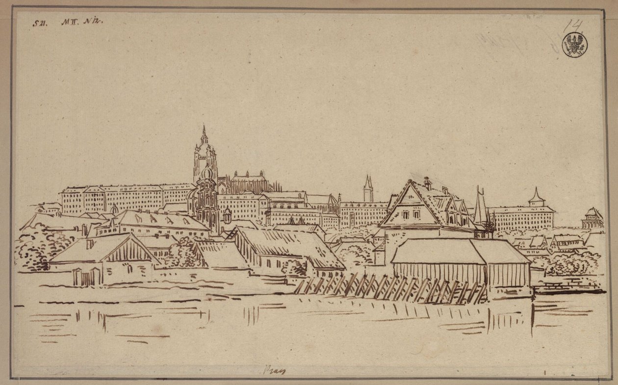 O Hradčany em Praga, com edifícios de Malá Strana em primeiro plano de Karl Friedrich Schinkel