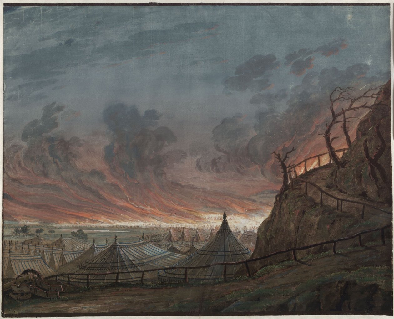 A Donzela de Orleães. Tragédia de Friedrich Schiller. Projecto para a 4.ª decoração. O acampamento dos ingleses em chamas de Karl Friedrich Schinkel