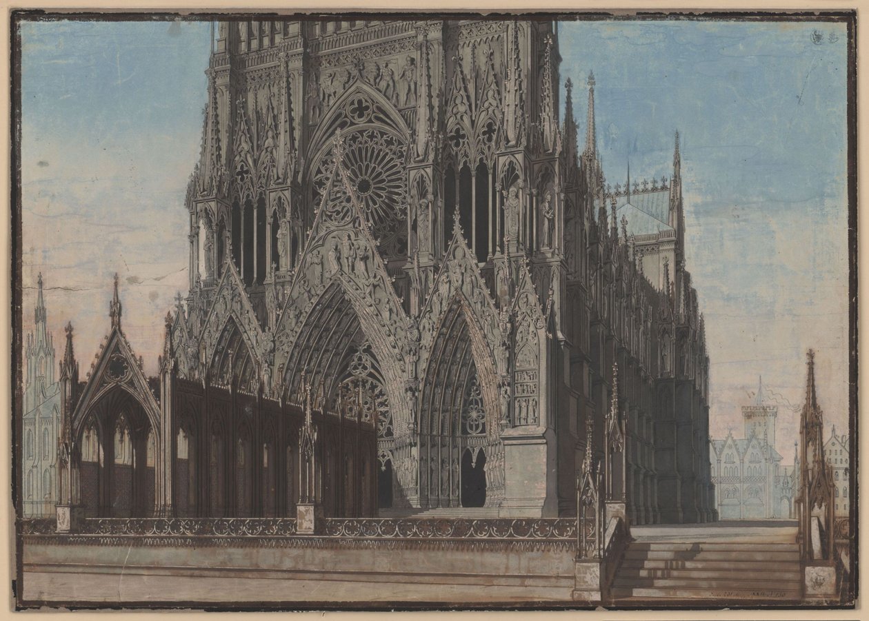 A Virgem de Orleães. Tragédia de Friedrich Schiller. Esboço da 9.ª decoração. Fachada da Catedral de Reims de Karl Friedrich Schinkel