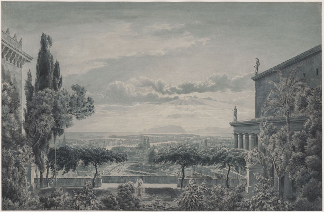 A residência de um príncipe. Jardim privado do casal principesco com vista para a cidade e o mar de Karl Friedrich Schinkel