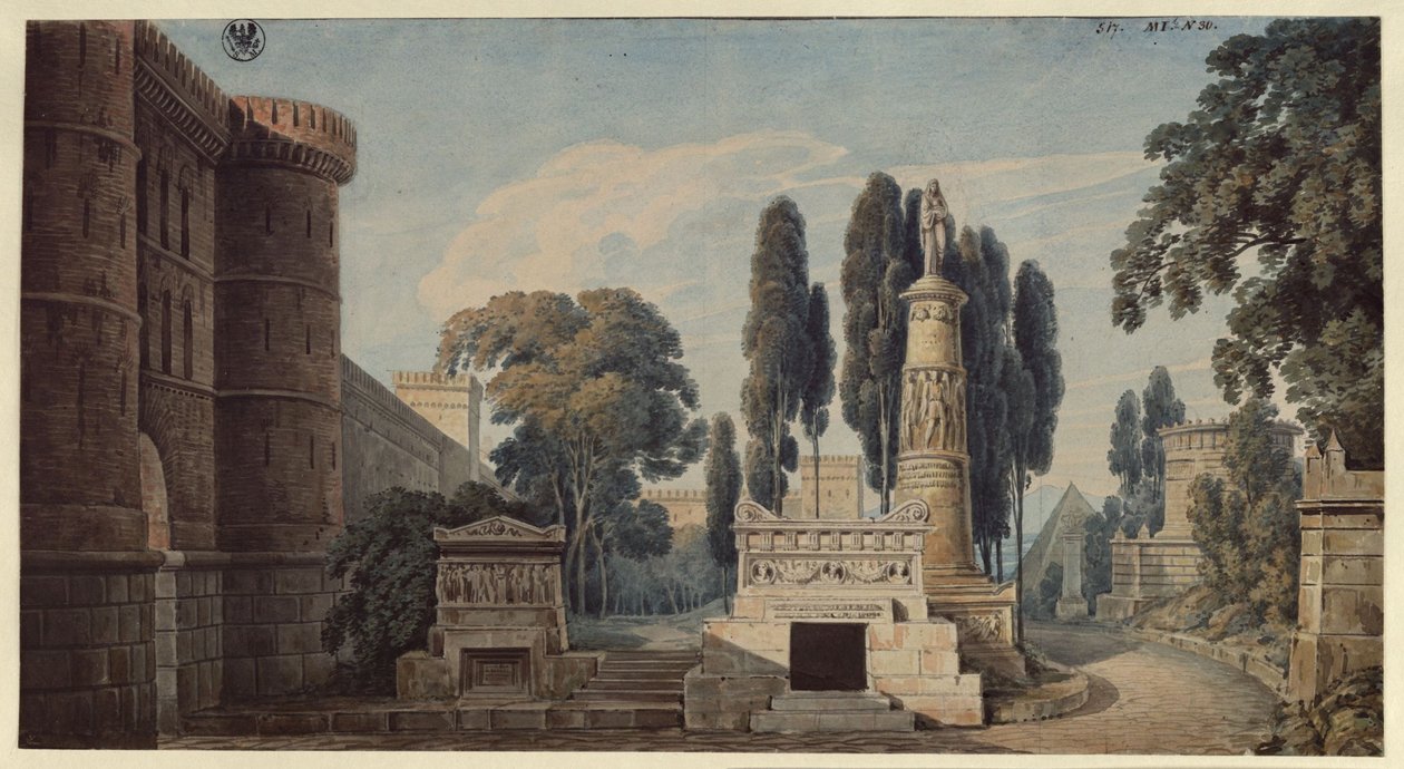 A Vestal. Ópera de Gaspare Spontini. Projecto para o 3.º cenário. Vista de uma rua de túmulos da Roma Antiga de Karl Friedrich Schinkel